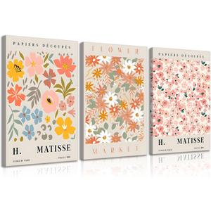 3Pcs Flower Market Canvas Wall Art Danish Pastel Wall Decor Pictures Pink Aesthetic Posters Prints for Living Room Hallway Bedroom Home Decoration Prepare to hang