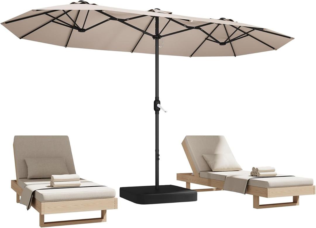 DomeShade 15ft Patio Umbrella with Base,Large Outdoor Double-Sided Rectangle Umbrella with Crank Handle, Market Umbrella for Poolside Garden Deck Backyard Beach Pools, Beige