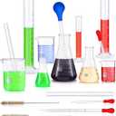 18 Pieces Lab Glassware Set Beaker Flask Cylinder Set Includes 3 Glass Beakers 3 Erlenmeyer Flasks 3 Graduated Measuring Cylinders with Droppers Brushes and Glass Stirring Rod for Lab Experiment