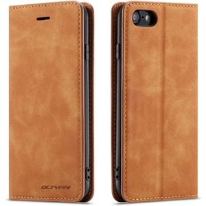 QLTYPRI Case for iPhone SE 2022 5G/SE 2020/8/7, Premium PU Leather Cover TPU Bumper with Card Holder Kickstand Magnetic Adsorption Flip Wallet Case - Brown