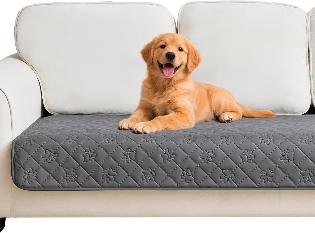 PAWFINITY Waterproof Couch Cover for Dogs, Paw Print Quilted Sofa Protector, Washable, Pet Hair Resistant, Scratch-Resistant Blanket for 2-3 Seat Couch, 30x80 Inch, Grey