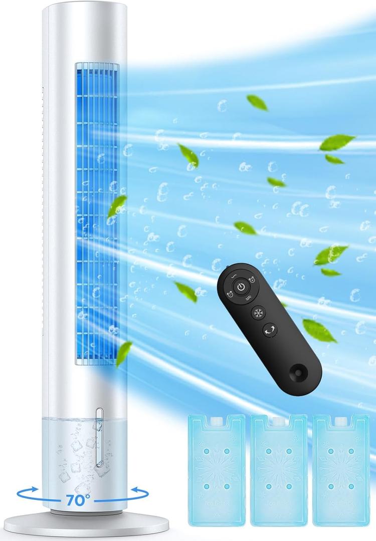 BALKO Evaporative Air Cooler, 35" Windowless Air Conditioner Portable, 3 Speeds, 1.2L Water Tank, 3 Ice Packs, 20ft Remote, 7H Timer, No Hose No Window Needed,70 Oscillating Portable AC Unit for Room