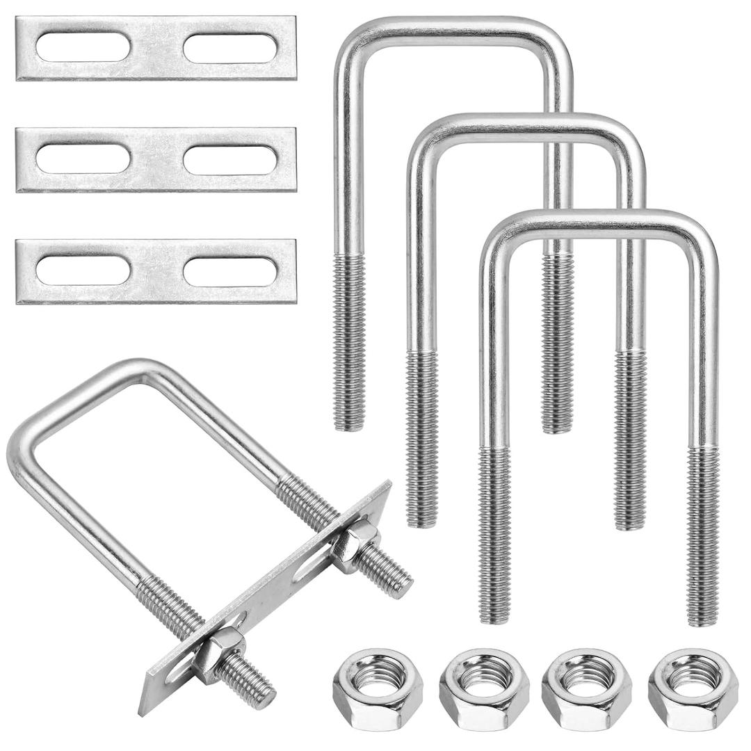4 Sets Square U Bolts 2" W x 4.33" L, Stainless Steel Bend U Bolts, Marine U Bolt with Frame Plate and Hex Nut for Mounting Automobiles Trailer, Ski Boat, Sailboat TrailerM10 x 50mm x 120mm