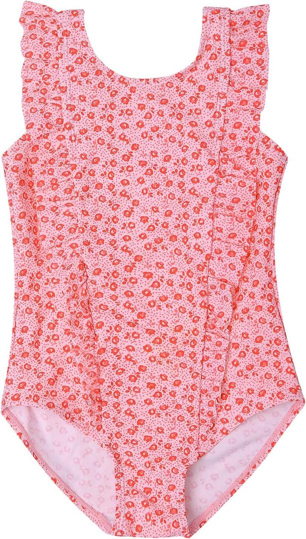 LIZENS Girls Swimsuit Kids Scalloped One Piece Ruffle Swimsuit Girls Swimwear Print (Pink, 2-3T)