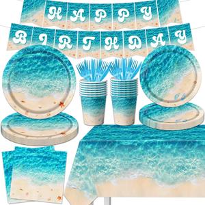 Beach Party Supplies, 142Pcs Ocean Waves Birthday Party Supplies Tableware Set Summer Pool Party Decorations Plates, Cups, Napkins, Banner, Tablecloth for Hawaiian Party Birthday Decorations