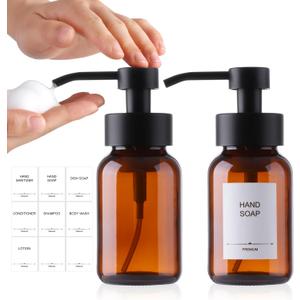 Alotpower Foaming Soap Dispenser 8.5oz 2Pack, Amber Glass Foam Soap Dispensers, Round Refillable Foaming Hand Soap Dispenser with Labels for Bathroom & Kitchen
