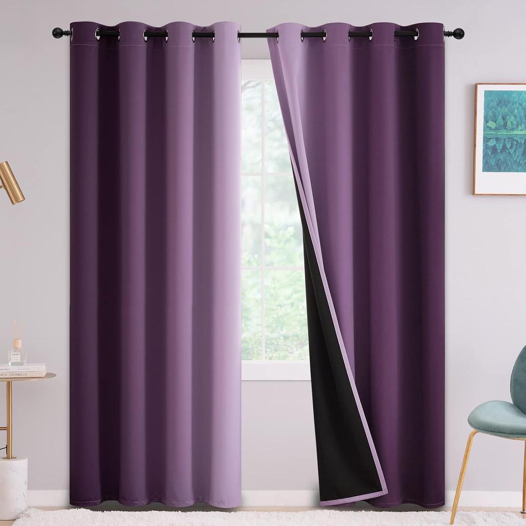 Yakamok Purple 100% Blackout Curtains for BedroomOmbre Room Darkening Curtains for Living Room Grommet Window Curtains 84 inches Long,Thermal Insulated Gradient Curtains & Drapes,2 Panels,52x84 inch