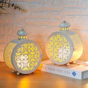 TRIROCKS Set of 2 Small Round Vintage Candle Lanterns 7.5" H Decorative Hanging Candle Holders for Indoor Tables Parities Weddings Patio and Garden (White, Hollow Retro Pattern)
