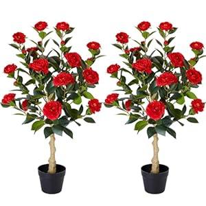3FT Artificial Camellia Tree, 2 Pack Fake Camellia Tree Artificial Tree, Faux Floral Plants in Cement Pot, Greenery Potted Plant for Indoor Outdoor Home Office Porch Decor (Orange)
