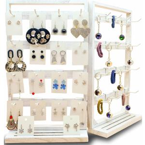 Wooden Foldable Jewelry Display Stand with Removable 32 Hooks, Earring Cards necklace bracelet Keychain Showcase Merchandise Organizer For Selling For vendor events(White)