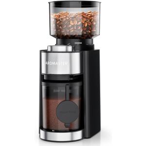 Aromaster Burr Coffee Grinder with 25 Grind Setting, Adjustable 2-12 Cups Timer, Professional Conical Coffee Bean Grinders for Home Use, 3-Ears Portafilter Holder, Anti-static, Cleaning Brush, Black