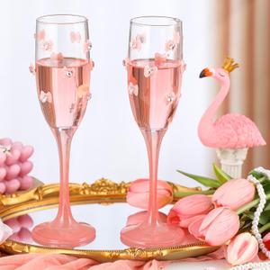 2 Pcs Pink Bow Champagne Flute Glasses Set, 6 OZ Champagne Wine Glasses with Long Stem, Elegant Girly Glassware Gift for Valentine's Day Bachelorette Bridal Shower Wedding Birthday Party