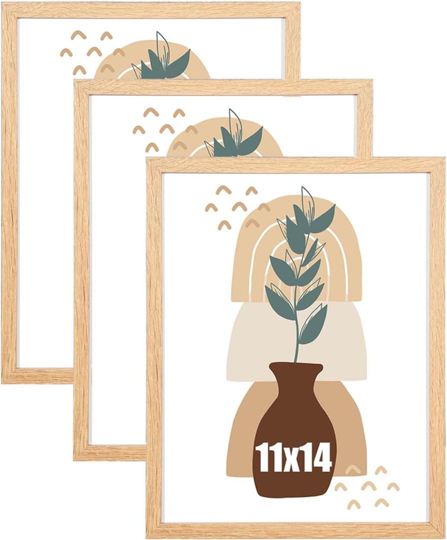 kennethan 11x14 Picture Frame Oak Set of 3, Wooden Poster Frame for Wall Mounting Display for Home, Office,Gallery,Holiday with Photos, Posters, Puzzles