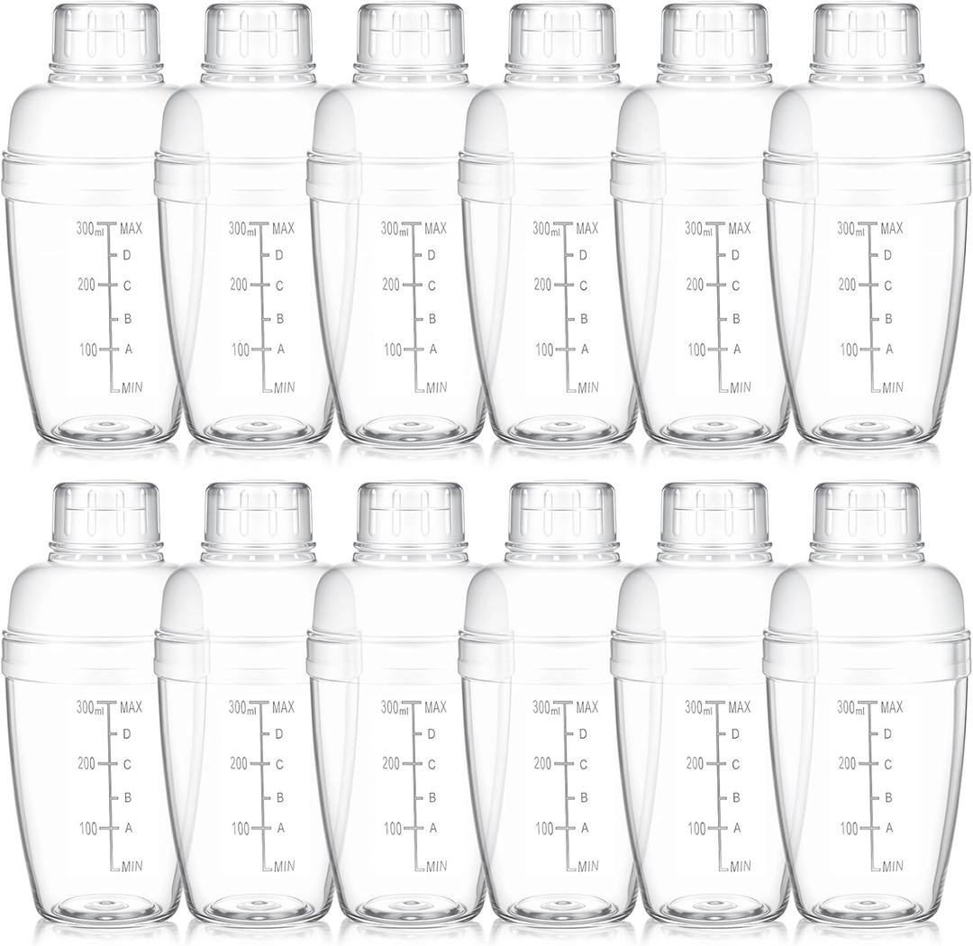 12 Pcs Plastic Cocktail Shaker Drink Mixer with Scales and Strainer Top Clear Shaker Cup with Measurement Plastic Bar Mixing Tool for Tea Coffee Bubble Tea Milk(350 Cc/ 12 oz)