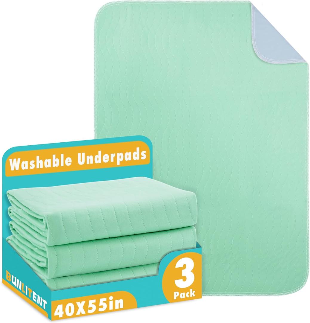 Bunlitent Washable Underpads, 40" x 55", 3 Pack - Heavy Absorbency Reusable Bedwetting Incontinence Pads for Kids, Adults, Elderly, and Pets - Waterproof Protective Pad for Bed, Couch, Sofa, Floor