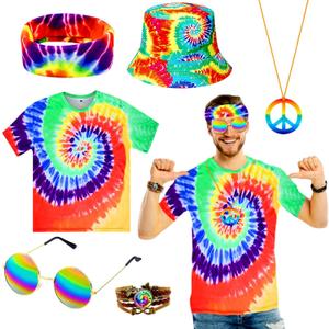 6 Pcs Hippie Costume Set for Men 60s 70s Outfit Colorful Tie-Dye T-shirt Hat Headband Peace Necklace for Theme Party (XL)