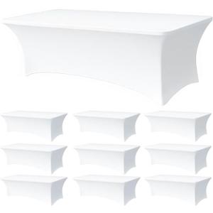 10 Pack 8FT Rectangular Spandex Tablecloth,Wrinkle Resistant Fitted Cover for 96x30 inch Banquet Table Cloth, Washable Stretch Fabric for Party, Events, Wedding, Vendor - White