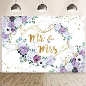 8x6ft Mr and Mrs Violet Wedding Backdrop for Bridal Shower Purple and White Flowers Photography Background Hearts Geometric Couple Wedding Party Decorations Bride to Be Engagement Banner Props