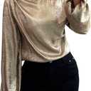 RoseSeek Women's Metallic Off Shoulder Tops Long Bishop Sleeve Blouses Elegant Tops, M
