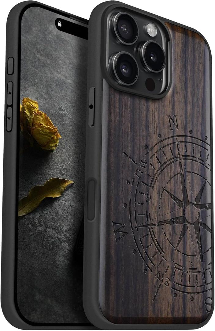 Carveit Magnetic Wooden Case for iPhone 16 Pro Max Case, Wood Artisan Engraved & Black Soft TPU Shockproof Cover, Compatible with MagSafe Wireless Chargers (The Incomplete Compass) Blackwood (Compass Quest-Black)