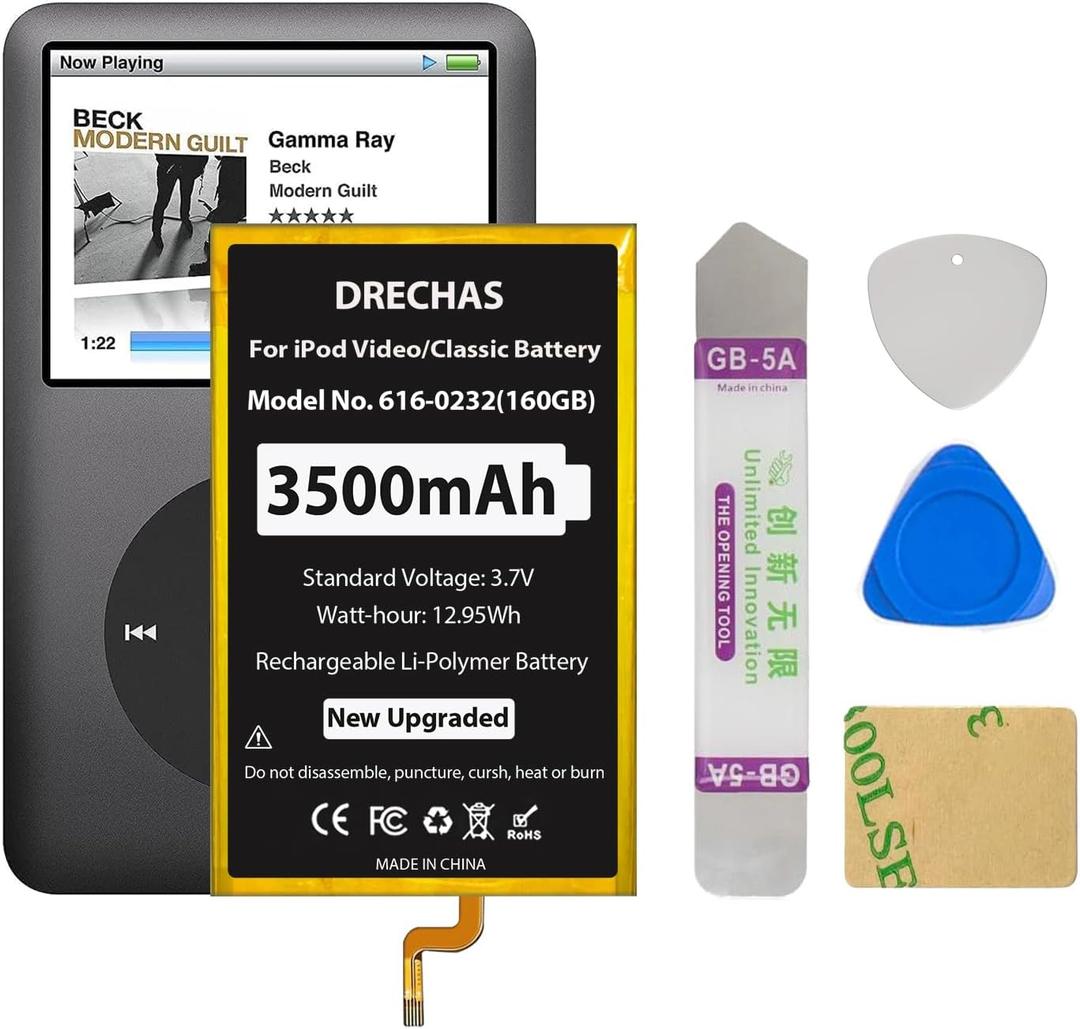 [3500mAh] Battery for iPod Classic/Video Thin, 2025 New Upgraded Capacity Replacement Battery for iPod 5th - 7th Generation Video Classic Thin with Repair Tool Kit