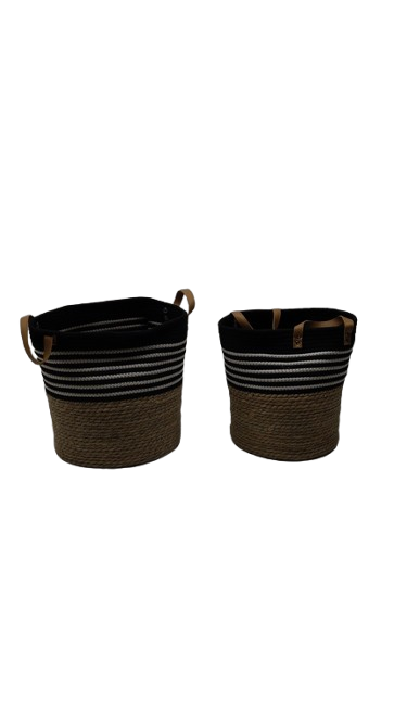 HD Medium-Large Fabric Rope Basket , Black Stripe and Brown, Set of 2