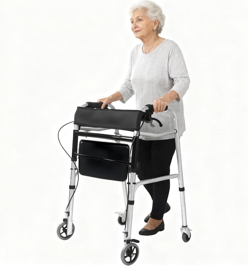Pacha-steupra Lightweight Walkers for Seniors, Height Adjustable Standard Walker, Foldable Rolling Adult Walker, Medical Walking Mobility Aid with Wheels, Padded Seat, Supports 440 lbs