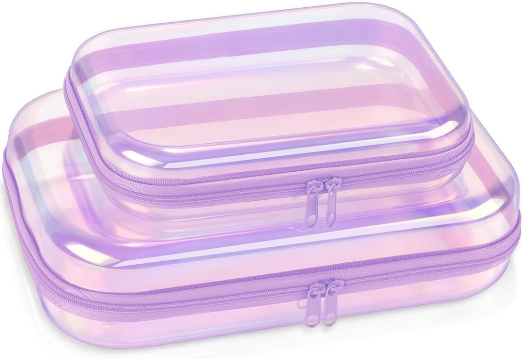 Clear Hard Shell Zipper Case,Toiletries Bag,Makeup Bag,2pcs Large Capacity Water-resistant Toiletry Bag,Portable Travel Organizer and Storage,Bathroom Clear Cosmetic Case for Women (Purple)
