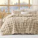 Bedsure Fluffy Comforter Set Queen - Light Beige Faux Fur Queen Comforter, Soft Shaggy Plush Bubble Bedding Comforter Sets, Winter Warm Luxury Fuzzy Bed Set 3 Pieces, 1 Comforter and 2 Pillowcases