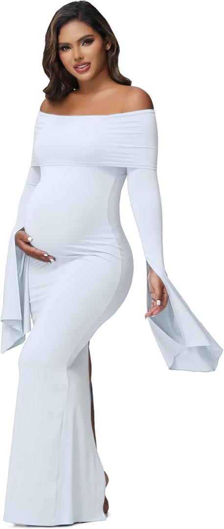 Women's Maternity Long Sleeve Off Shoulder Pregnancy Photography Dress for Baby Shower Photoshoot Party (White)