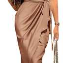 PRETTYGARDEN Women's Summer One Shoulder Ruched Satin Dress Sleeveless Wrap Spring Wedding Guest Cocktail Midi Dress (Brown, S)