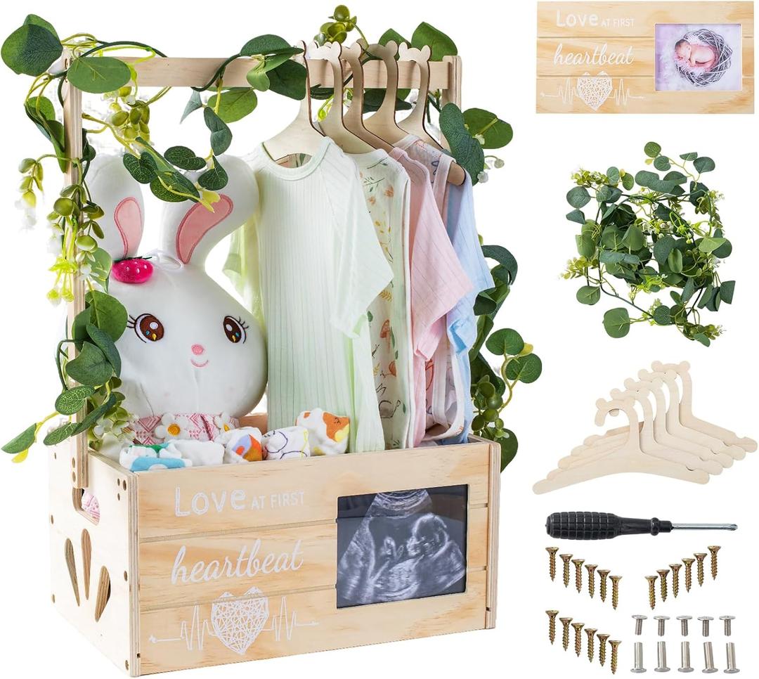 Wooden Baby Shower Crate Closet, Personalized Baby Shower Basket with Wreath & Hanger, Love at First Sight Sonogram Picture Frame, Easy Assembly Baby Clothes Storage Box for Pregnancy Gift
