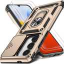 Case for Samsung Galaxy A16 5G with Slide Camera Cover+Screen Protector(2 Packs), Military Grade Shockproof Protective Cover, Rotated Ring Kickstand(B - Golden)