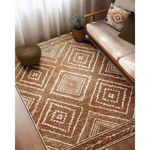 Area Rug 5x7 Rug Machine Washable Non-Slip Low Pile Print Pattern Western Rug for Living Room Bedroom Entryway-Yellowbrown/Cream