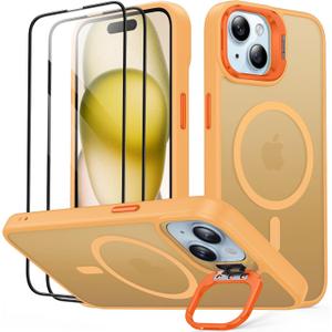 JAME for iPhone 15 Case with Stand, 2X [Tempered Glass Screen Protector][Compatible with Magnetic] Built-in Camera Kick-Stand Phone Case for iPhone 15, Magnetic Case for iPhone 15 6.1, Orange