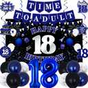 18th Birthday Decorations for Boys Girls, Blue Black Happy 18th Birthday Party Decorations, Time To Adult Birthday Banner, Foil Balloons 18, Backdrop, Balloons, Hanging Swirls, Birthday Card Set 43pcs