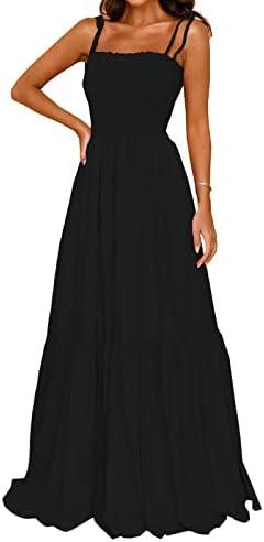 kinstell Women's 2025 Summer Casual Boho Sleeveless Spaghetti Strap Smocked Square Neck Ruffle A Line Beach Long Maxi Dress Large