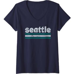 Womens Seattle Washington Three Stripe Vintage Weathered V-Neck T-Shirt, Size S