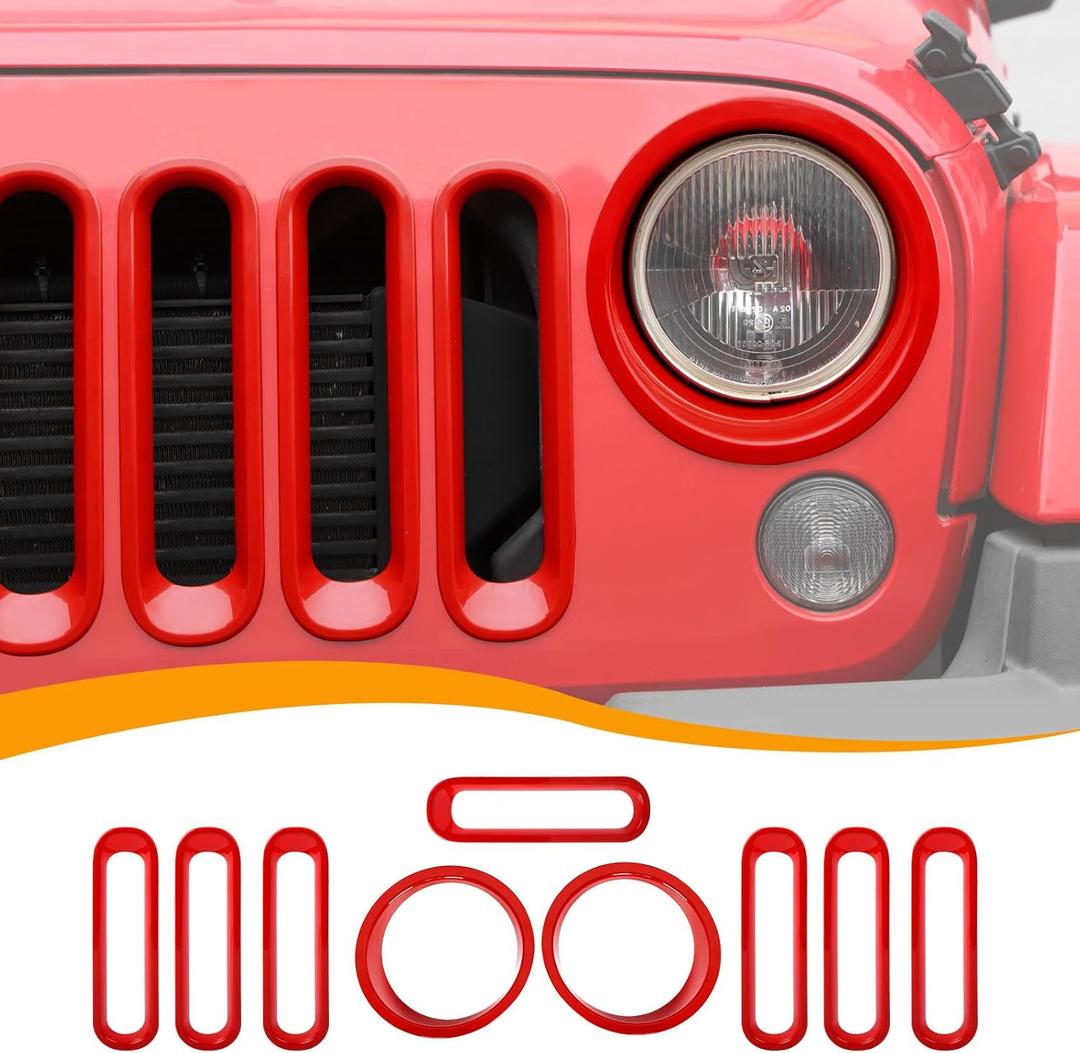 Front Grille Insert Cover & Headlight Bezel Cover Trim Fit for Jeep Wrangler JK JKU 2007-2017, Exterior Accessories, Red
