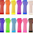 TecUnite 12 Pairs Fishnet Gloves Fingerless Neon Gloves for Women Men 80s Party Costume Accessories Supplies