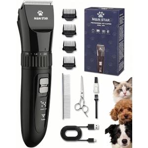 M&M STAR Dog Grooming Kit, Low Noise Dog Clippers, 2-Speed IPX7 Waterproof, Rechargeable Cordless Pet Hair Clippers Trimmer Shaver with LED Display for Dogs and Cats, Black