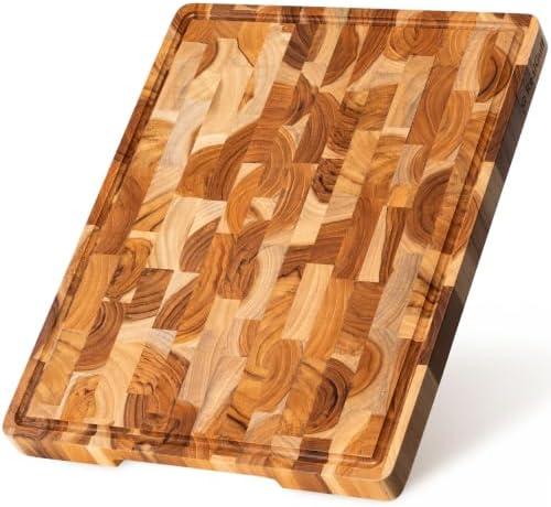 RealGulf 30x20 End Grain Teak Cutting Board with Juice Groove, Non-Slip | Rubber Feet for Stability, Thick Solid Wood Chopping Block for Meat & Steak, Kitchen Countertop Prep Board