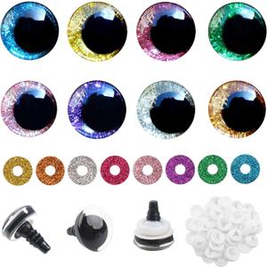 TOAOB 32 Set Glitter Safety Eyes for Amigurumis 25mm Round 8 Colors Crochet Doll Eyes with Washers for DIY Puppet Stuffed Animals Making