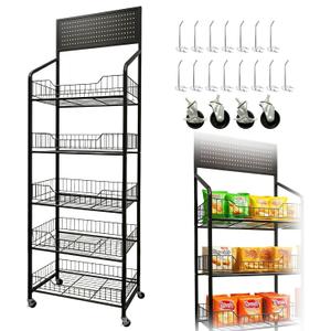 5 Tier Retail Candy Display Rack Metal Storage Shelf with Wheels & 15 Hooks Concession Candy Snack Display Racks Sturdy and Stable Chip Shelf Rack for Stores, Kitchen, Office (5 Tier Black 50cm)