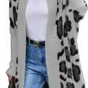 Women's Long Sleeves Open Front Casual Leopard Print Fuzzy Knitted Sweater Cardigan Coat Outwear (Medium, Grey)