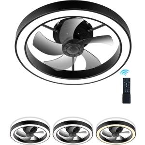 Flush Mount Ceiling Fans with Lights and Remote, Minimalist 20 in Dimmable Low Profile Ceiling Fan, Match Any Interior, Stepless Color Temperature Change, and 6 Speeds - Black