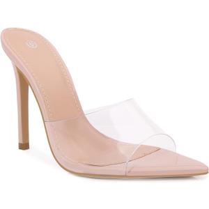 Women Clear Pointed Toe Sandals Stiletto Heels Transparent Strap High Heels Slip on Mules for Women (6, Nude)