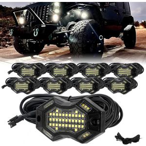 SUNPIE 8 Pods Magnetic White Rock Lights Wide Beam Angle, Quick Connect, 49 High Power Chips, 4M Extension Wires, 6000K Pure White, IP67, Fits Trucks, SUV, ATV, UTV, Trailer, Boats