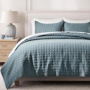 EVERGRACEHOME Windowpane Cotton Sateen Quilt Set Queen Size, Pre-Washed 100% Cotton Coverlet Bedspread, 3-Piece Soft Lightweight Bedding Set with 2 Shams for All Seasons, Sonoma Blue (Full/Queen (96" X 92"))