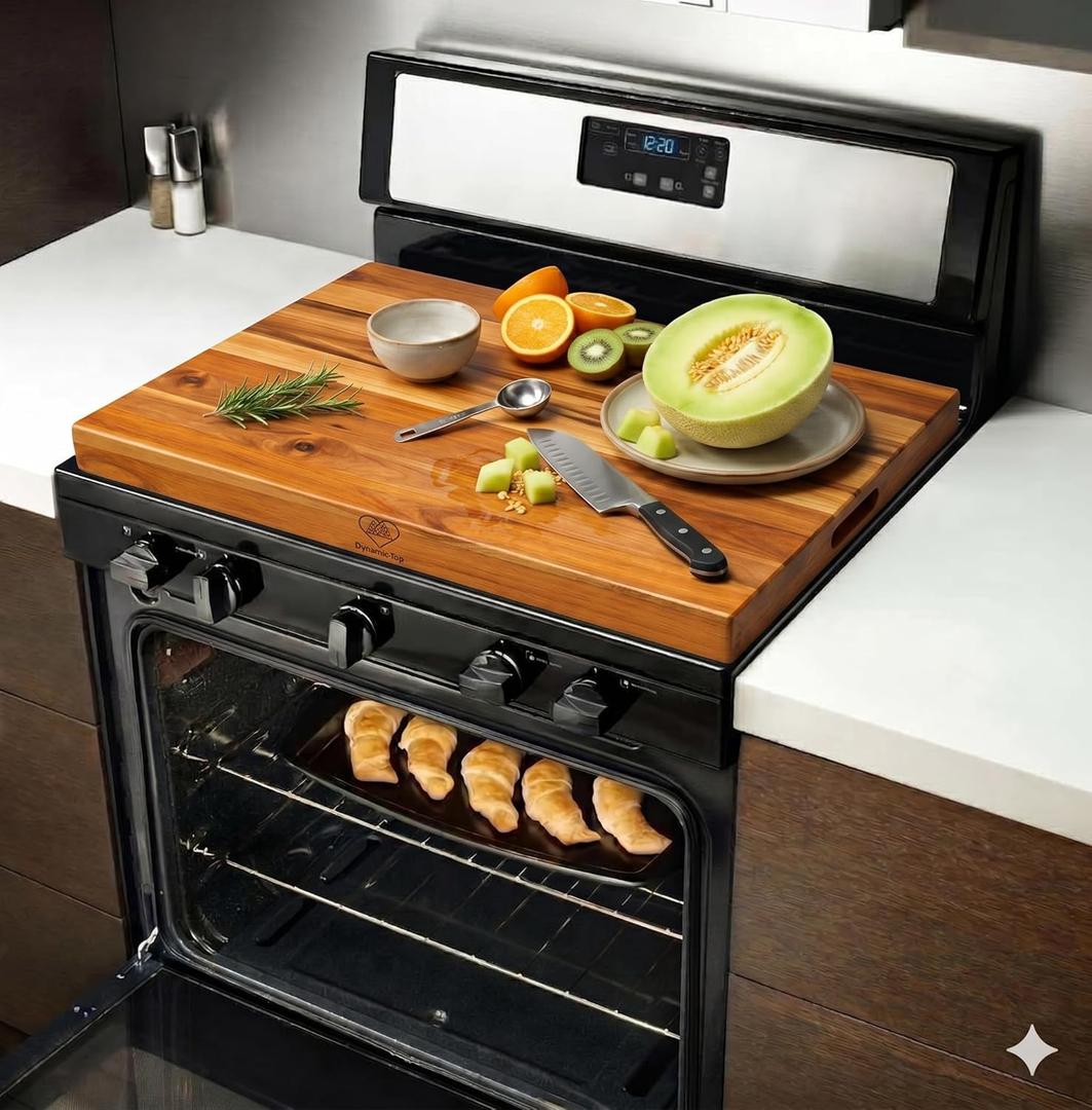Teak Wood Noodle Board Stove Cover with Handles for Gas & Electric Stoves, 29.5" x 21.6" Wooden Stovetop Cover Tray for Counter Space, Cutting Board with Juice Groove